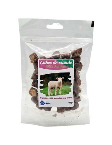 Sachet de cubes de viande d'agneau pour chien avec son etiquette - Kymaya®