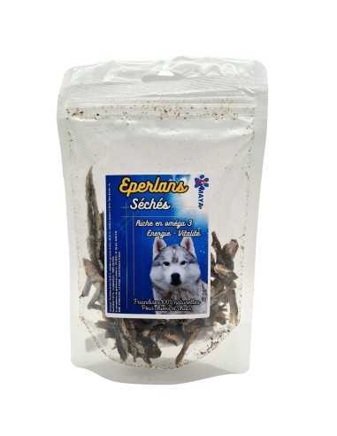 Sachet de 60 gr d'éperlans séchés avec son étiquette pour chien et chats de la marque kymaya®