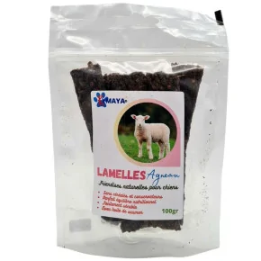 Paquet de lamelles de viande séchée à l'agneau pour chien avec son étiquette - Marque Kymaya®