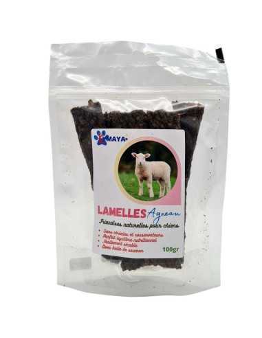 Paquet de lamelles de viande séchée à l'agneau pour chien avec son étiquette - Marque Kymaya®