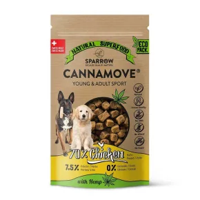 Sachet avec dessus un chien dégustant une friandise CannaMove® au CBD comme récompense