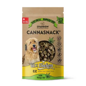 Paquet de 70 gr de friandises SPARROW CannaSnack Chicken au CBD pour chiens avec viande de poulet suisse