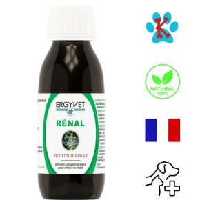 Flacon d'Ergyvet Rénal pour soutien rénal et protection urinaire chez chiens et chats