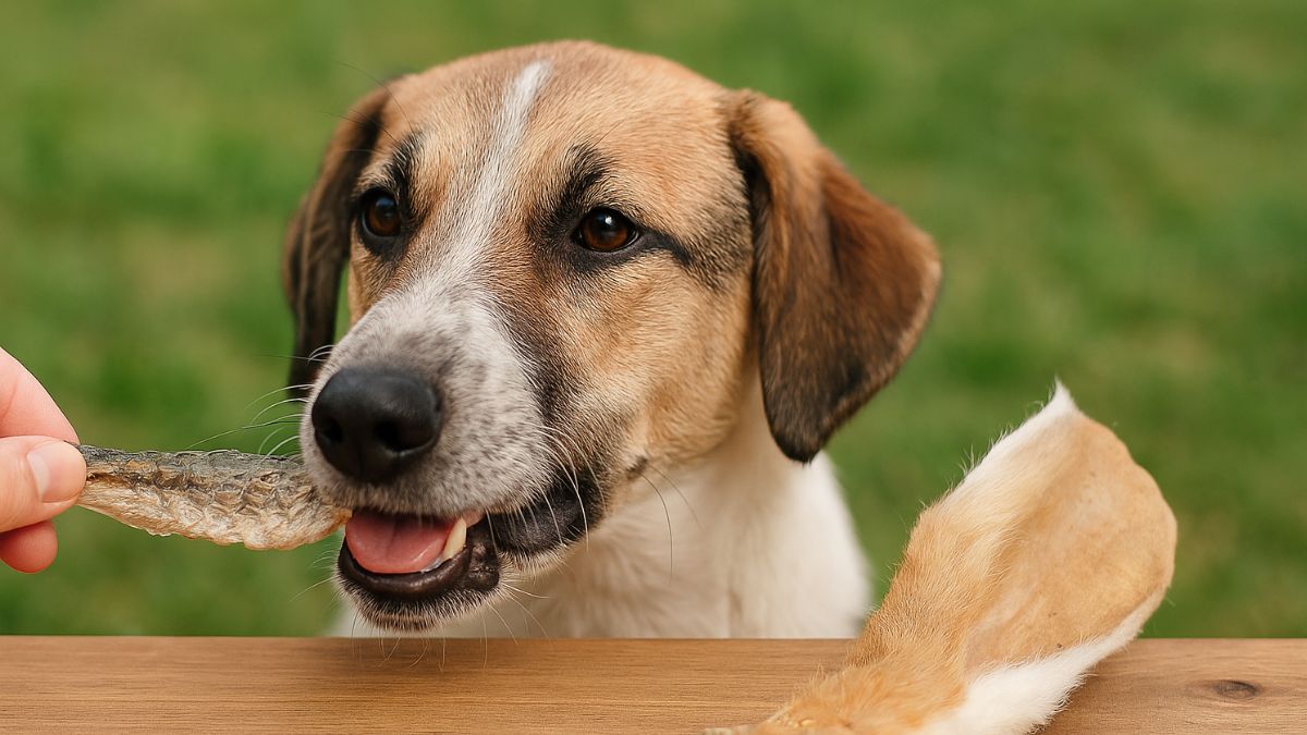 Chien gourmand recevant une friandise naturelle au poisson, posé devant une oreille de lapin séchée sur une table en bois