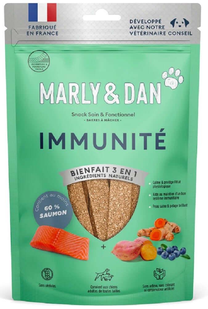 Présentation des Barres à Mâcher pour chien au saumon Immunité de Marly&Dan