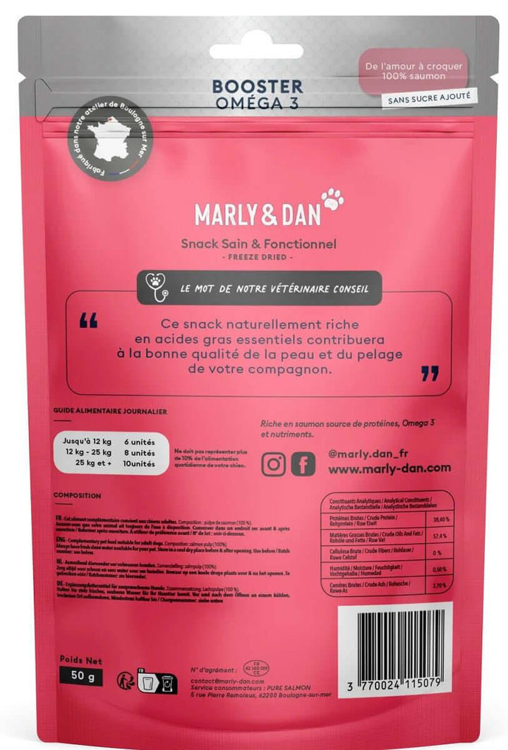 Composition des friandises au saumon pour chien Booster Oméga 3 Freeze Dried - Marly & Dan