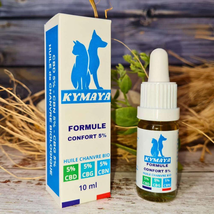 Présentation huile de CBD CBN CBG 5% Formule Confort chat et chien - Kymaya®