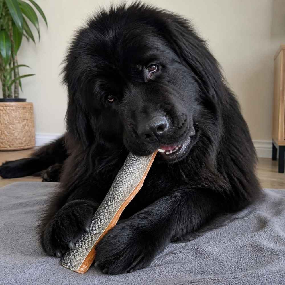 Chien terre-neuve mangeant une peau de saumon avec chair