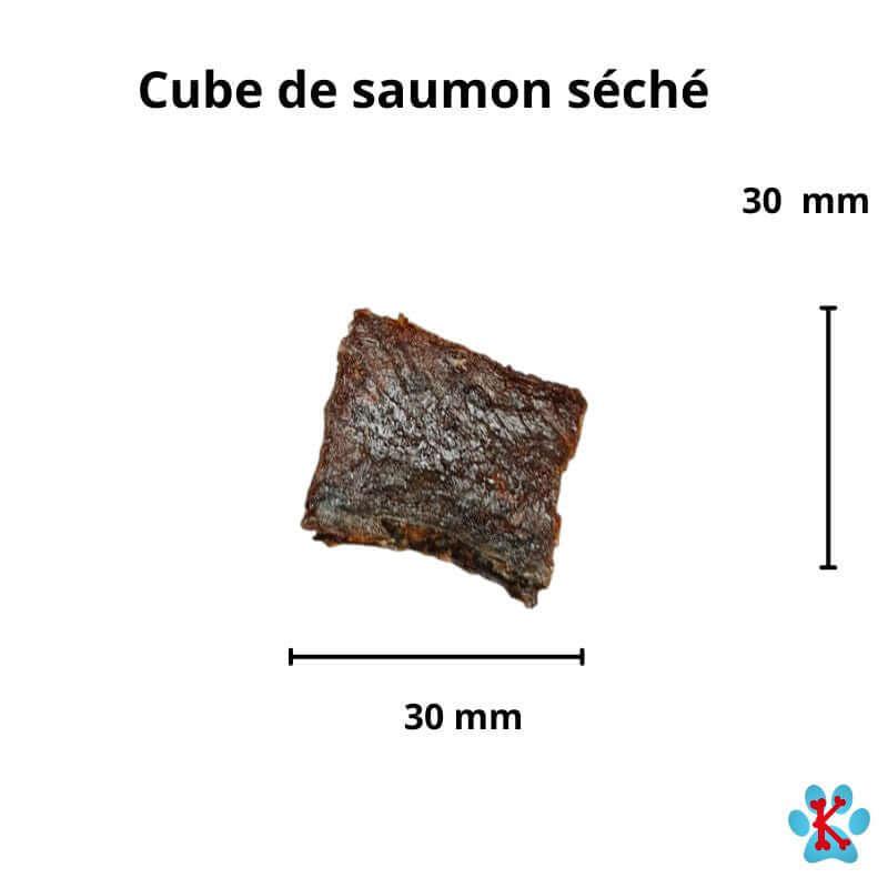 taille des cube de viande et peau de saumon