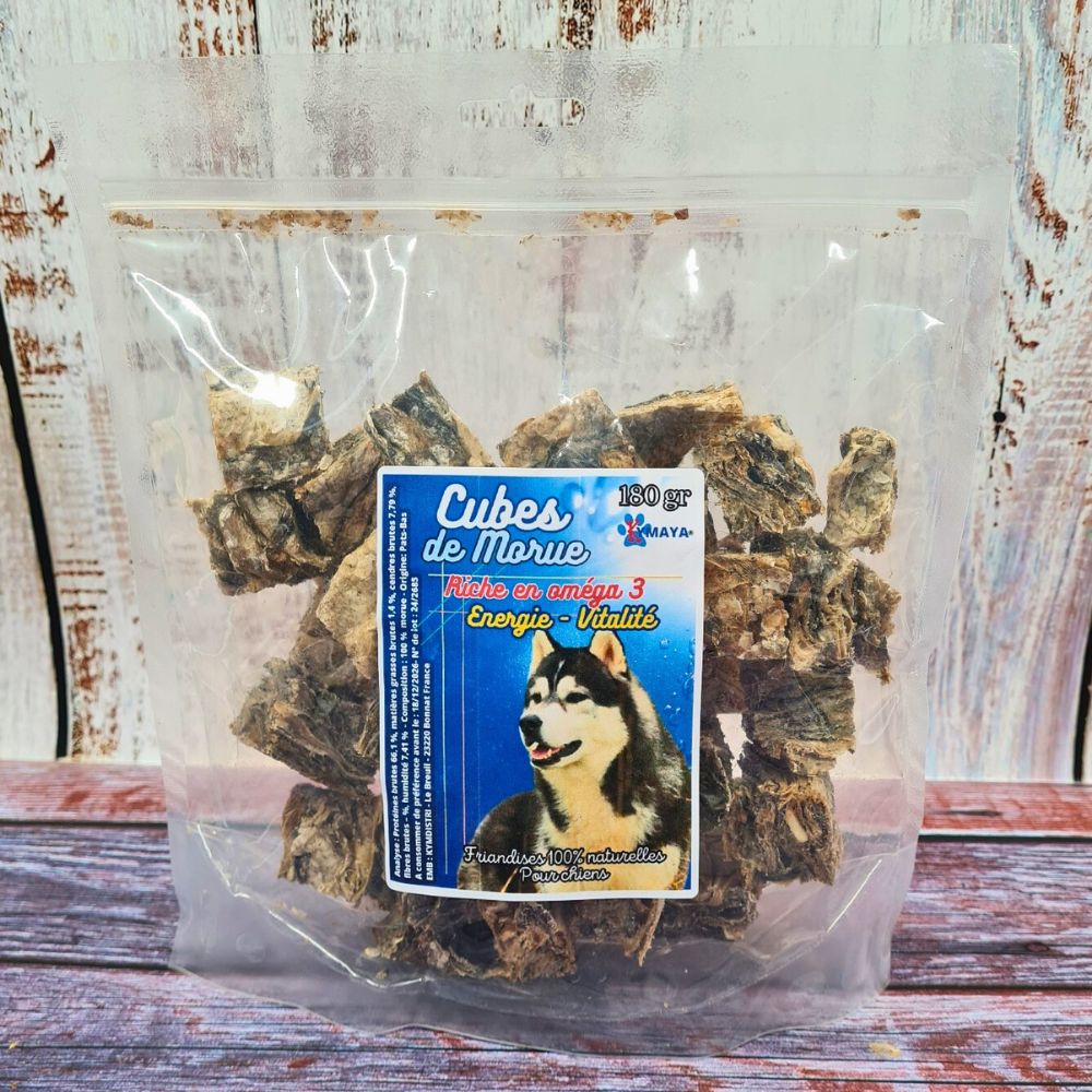 Cubes de morue déshydratée pour chien – texture chair et peau - sachet 180 gr