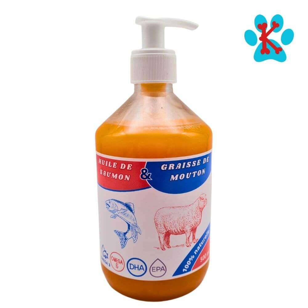 Bouteille avec pompe 500ml d'Huile de Saumon & Graisse de Mouton pour chien