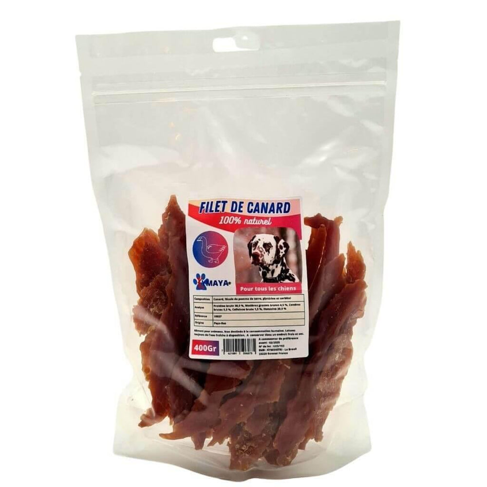 Paquet de 400 grammes de filets de canards pour chien avec son étiquette de la marque Kymaya®