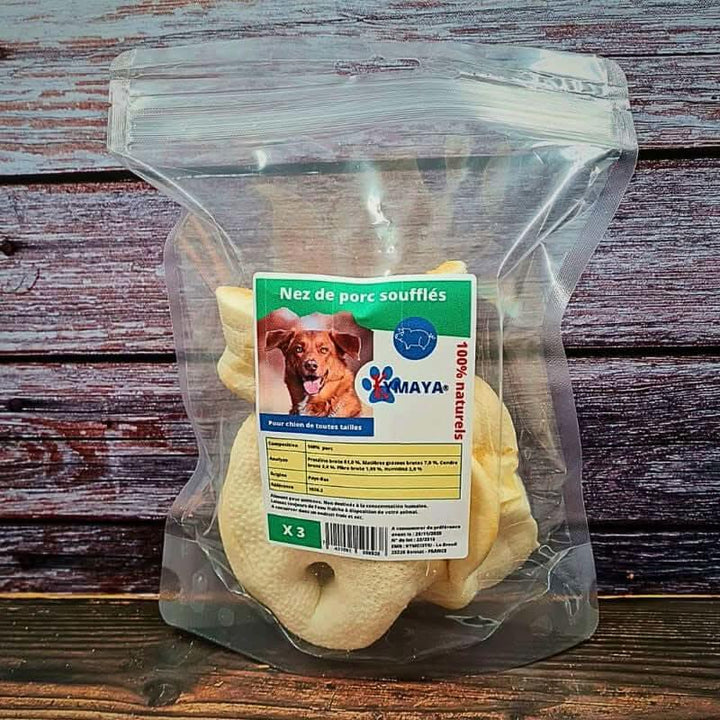 sachet refermable de 3 nez de cochon soufflés pour chien