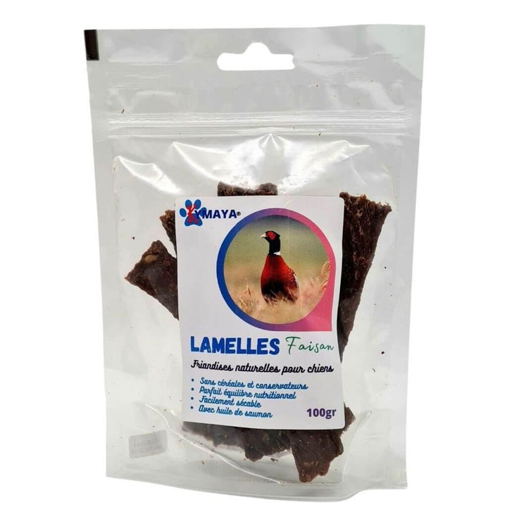 Paquet de lamelles de viande séchée de faisan pour chien avec son étiquette - Marque Kymaya®