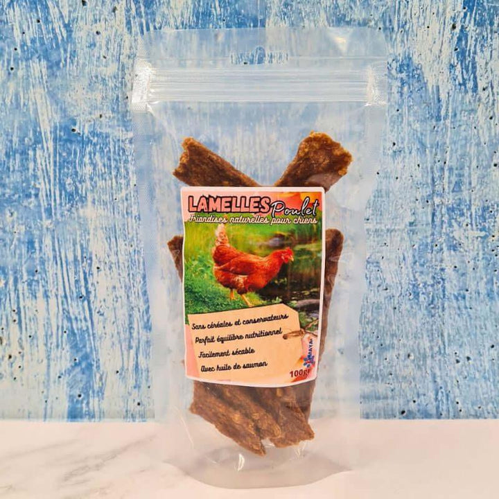 Paquet 100 gr de lamelles de poulet pour chien