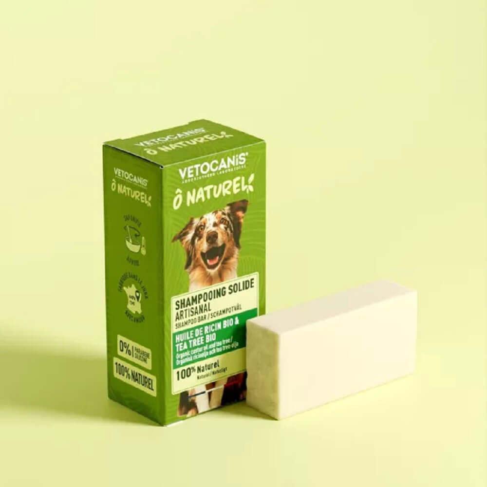 Shampoing solide artisanal VETOCANIS Ô NATUREL pour chien, à base d'huiles de Ricin et Tea Tree Bio