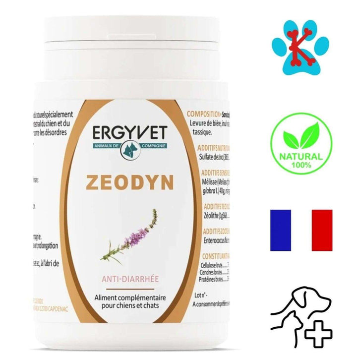 Pot de Zeodyn d'ERGYVET pour le rééquilibrage de la flore intestinale chez chiens et chats